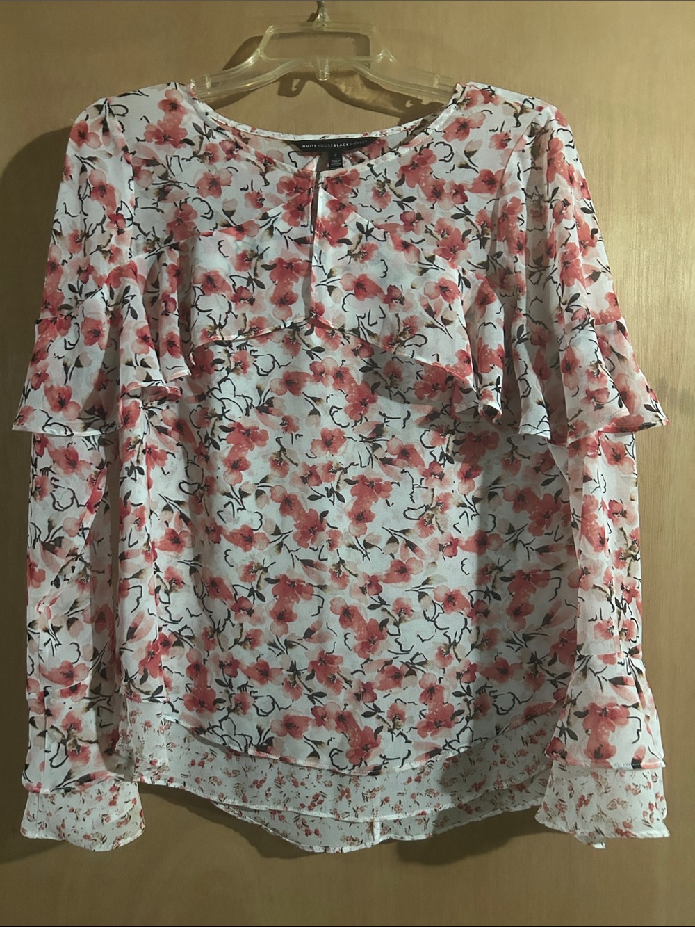 White House Black Market Coral Pink Floral Ruffle-Sleeve Blouse